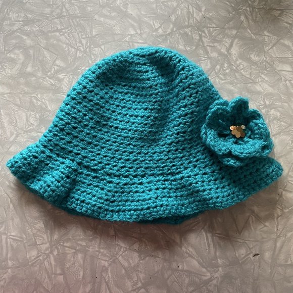 Handmade turquoise crochet winter hat cloche hat with flower - Picture 2 of 3